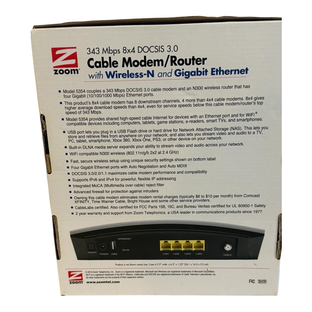 Zoom Cable Modem Router N-DOCSIS 3.0 Model 5354 Wireless - Picture 4 of 13